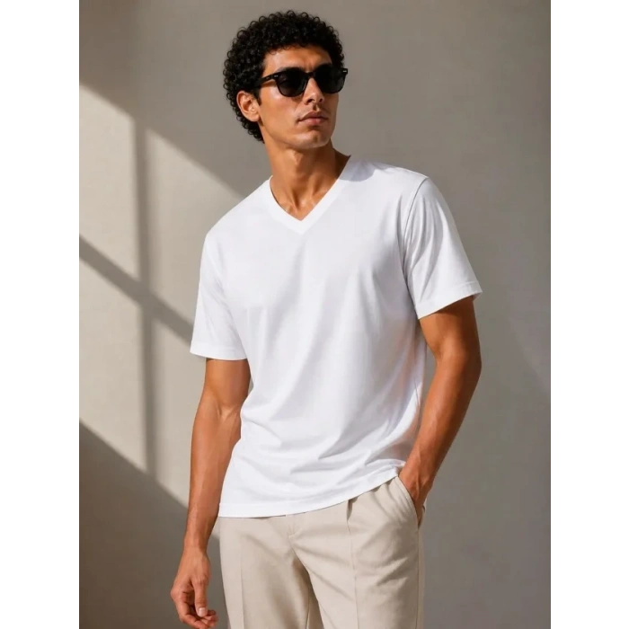 Erkek V Yaka Basic Tişört Kısa Kol Yazlık Regular Fit T-Shirt - Beyaz
