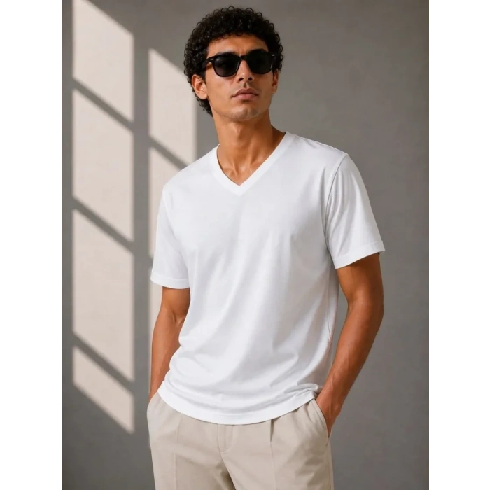 Erkek V Yaka Basic Tişört Kısa Kol Yazlık Regular Fit T-Shirt - Beyaz
