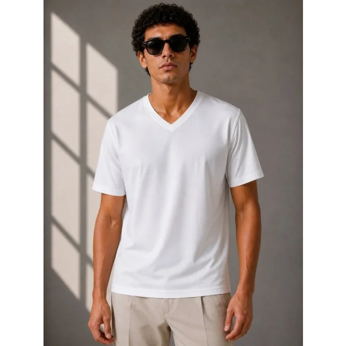 Erkek V Yaka Basic Tişört Kısa Kol Yazlık Regular Fit T-Shirt - Beyaz