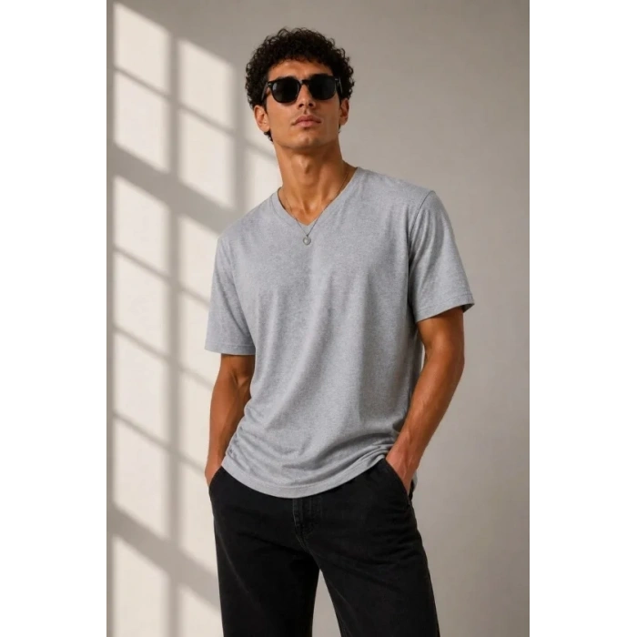 Erkek V Yaka Basic Tişört Kısa Kol Yazlık Regular Fit T-Shirt - Gri