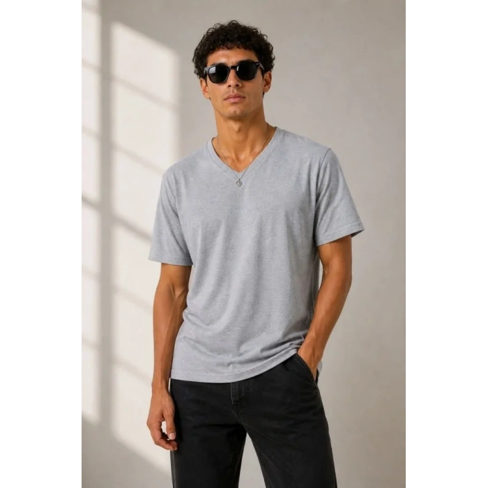 Erkek V Yaka Basic Tişört Kısa Kol Yazlık Regular Fit T-Shirt - Gri