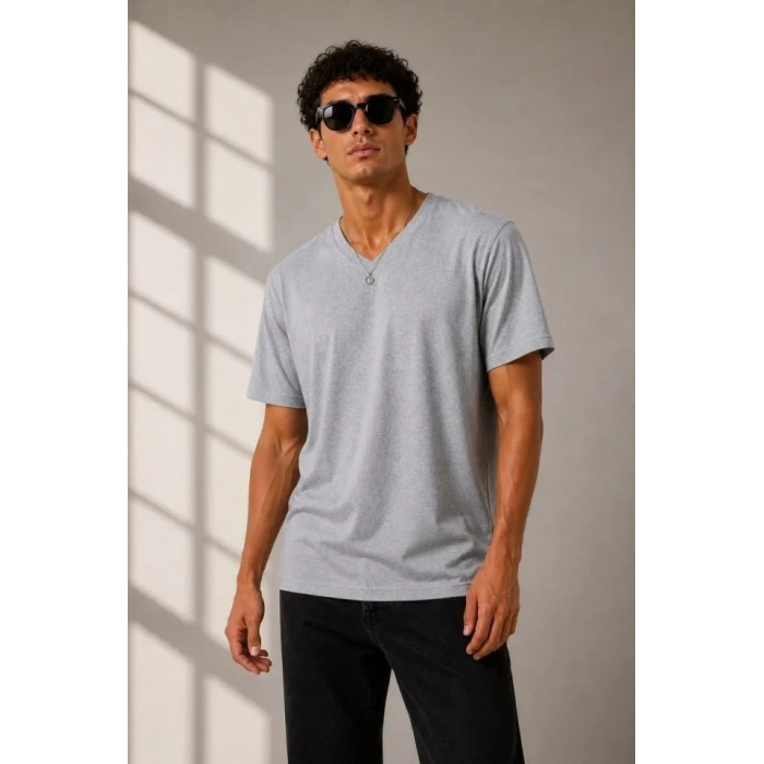 Erkek V Yaka Basic Tişört Kısa Kol Yazlık Regular Fit T-Shirt - Gri