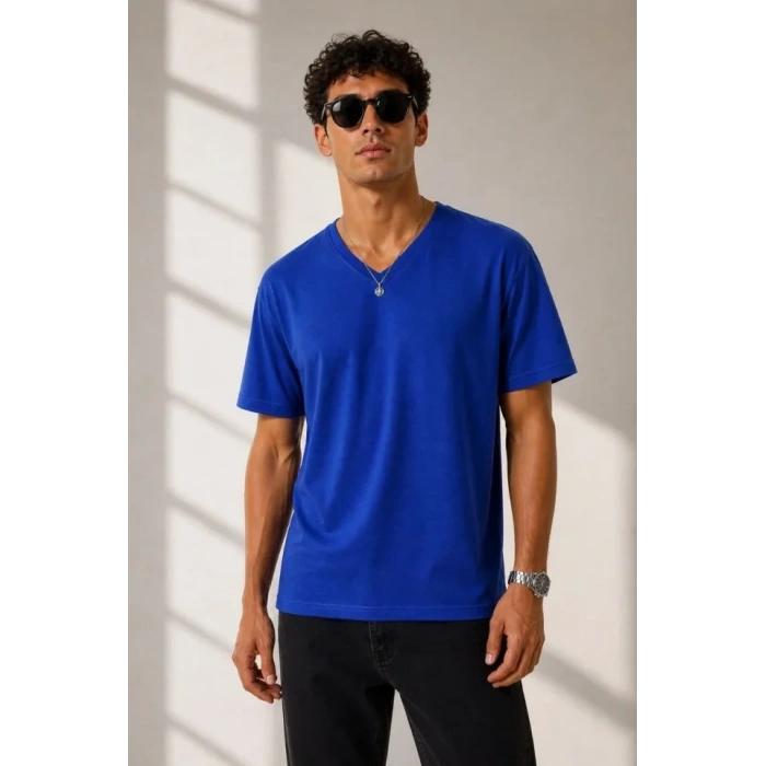 Erkek V Yaka Basic Tişört Kısa Kol Yazlık Regular Fit T-Shirt - Saks Mavisi