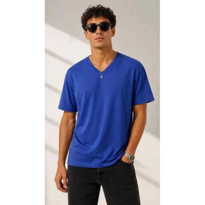 Erkek V Yaka Basic Tişört Kısa Kol Yazlık Regular Fit T-Shirt - Saks Mavisi