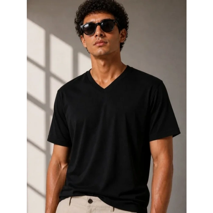 Erkek V Yaka Basic Tişört Kısa Kol Yazlık Regular Fit T-Shirt - Siyah