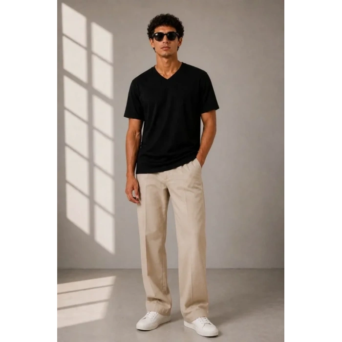 Erkek V Yaka Basic Tişört Kısa Kol Yazlık Regular Fit T-Shirt - Siyah