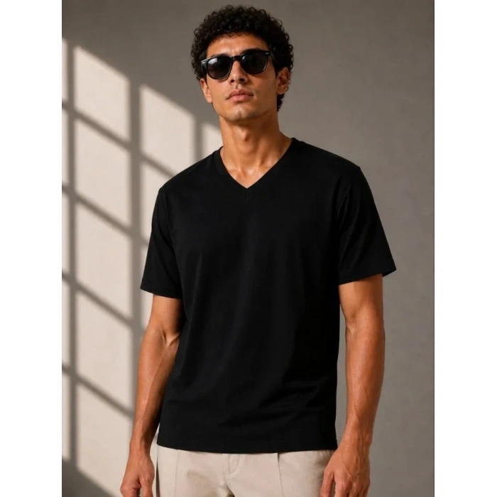 Erkek V Yaka Basic Tişört Kısa Kol Yazlık Regular Fit T-Shirt - Siyah