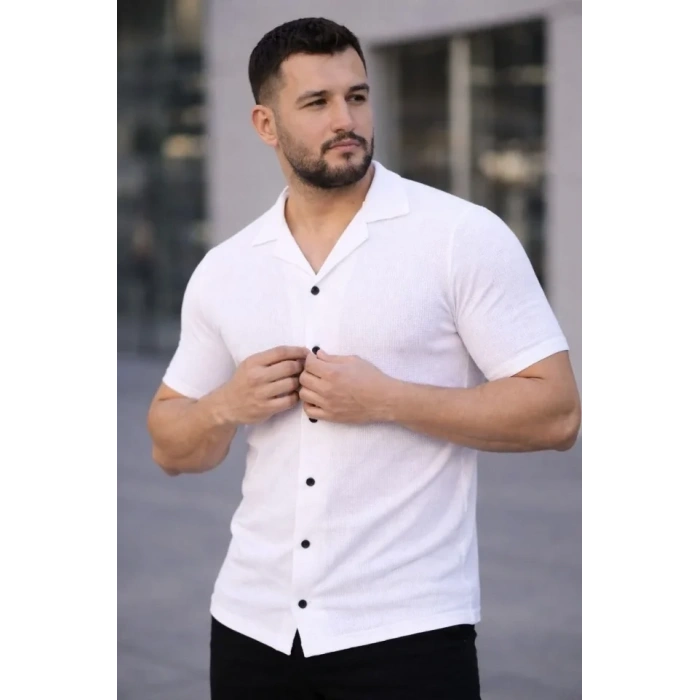 Erkek Waffle Dokuma Açık Yakalı Düğmeli Regular Kalıp 2’li Gömlek Seti - Beyaz - Gri