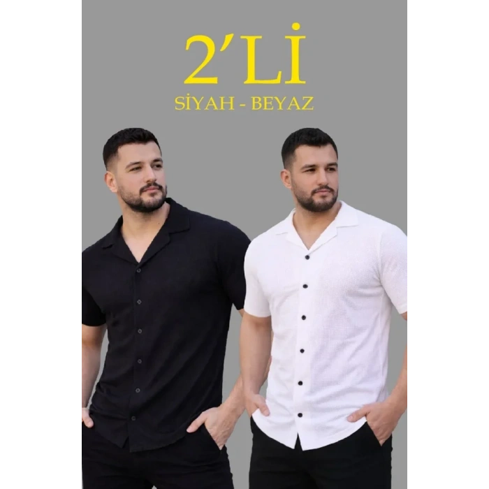 Erkek Waffle Dokuma Açık Yakalı Düğmeli Regular Kalıp 2’li Gömlek Seti - Siyah - Beyaz