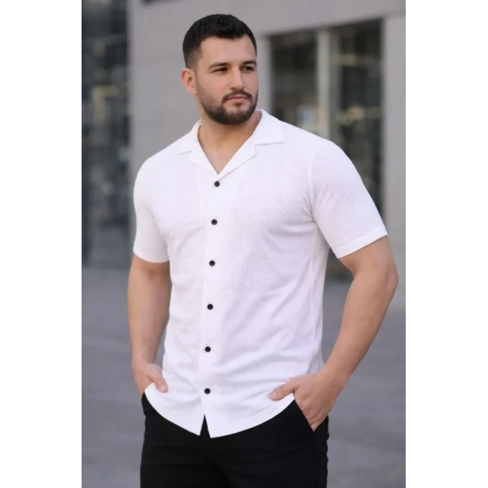 Erkek Waffle Kumaş Kısa Kollu Düğmeli Açık Yaka Regular Fit Gömlek - Beyaz
