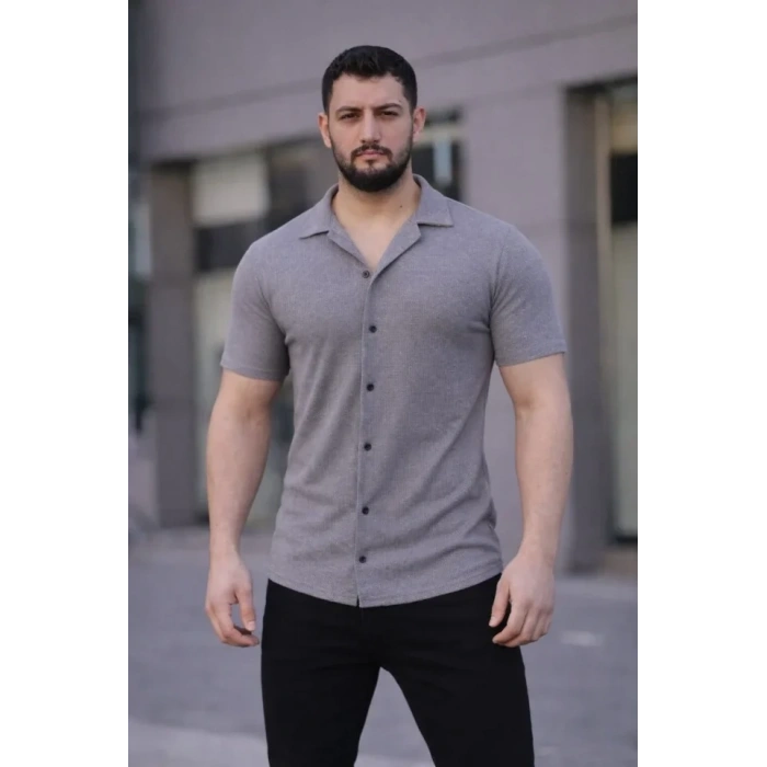 Erkek Waffle Kumaş Kısa Kollu Düğmeli Açık Yaka Regular Fit Gömlek - Gri