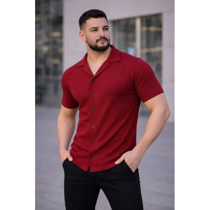 Erkek Waffle Kumaş Kısa Kollu Düğmeli Açık Yaka Regular Fit Gömlek - Kırmızı