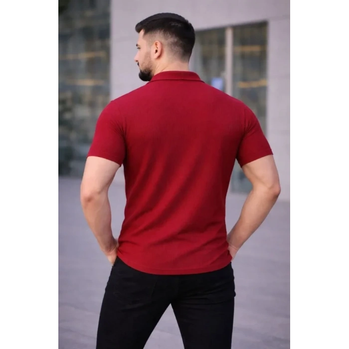 Erkek Waffle Kumaş Kısa Kollu Düğmeli Açık Yaka Regular Fit Gömlek - Kırmızı