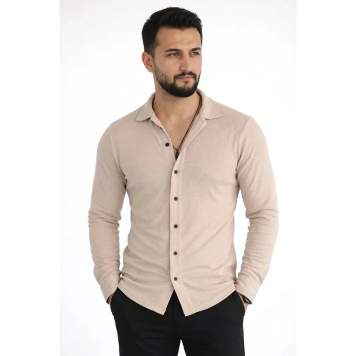 Erkek Waffle Kumaş Uzun Kollu Düğmeli Açık Yaka Regular Fit Gömlek - Bej