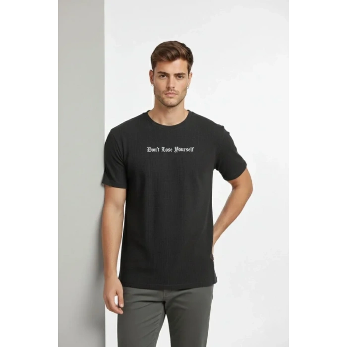 Erkek Wafıl Kumaş Tişört Regular Kalıp Bisiklet Yaka Baskılı Günlük Basic T-Shirt - Siyah