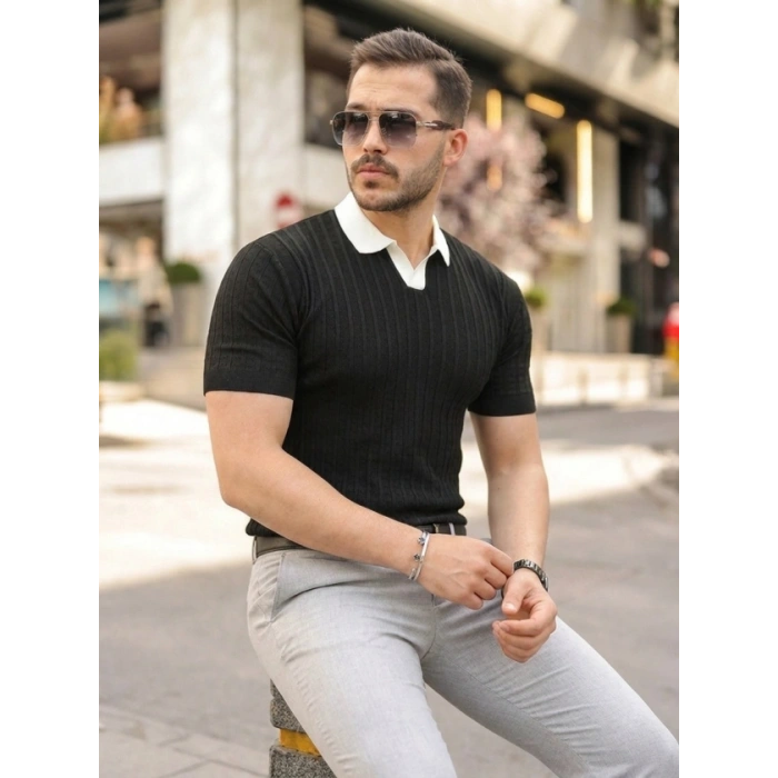 Erkek Yaka Detaylı Desen Dokulu Triko Tişört