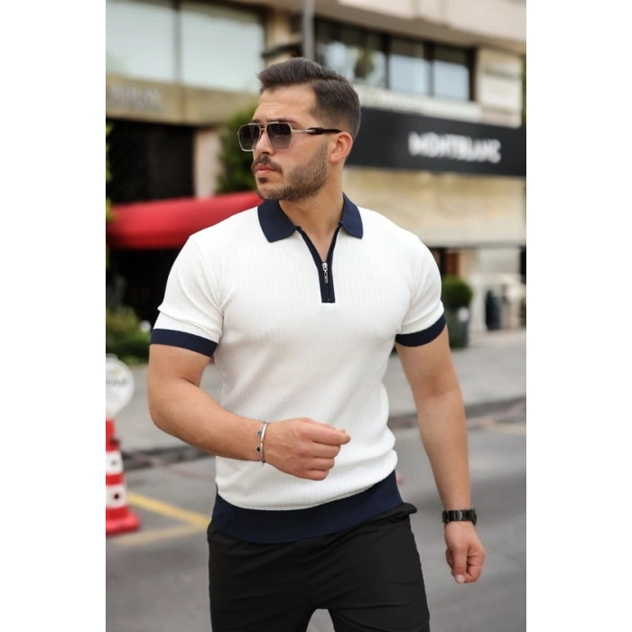 Erkek Yaka Ve Kol Detaylı Fermuar Yakalı Çizgi Desen Kısa Kollu Triko Tişört