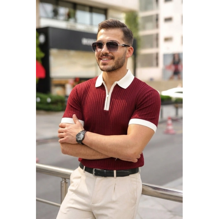 Erkek Yaka Ve Kol Detaylı Fermuar Yakalı Çizgi Desen Kısa Kollu Triko Tişört