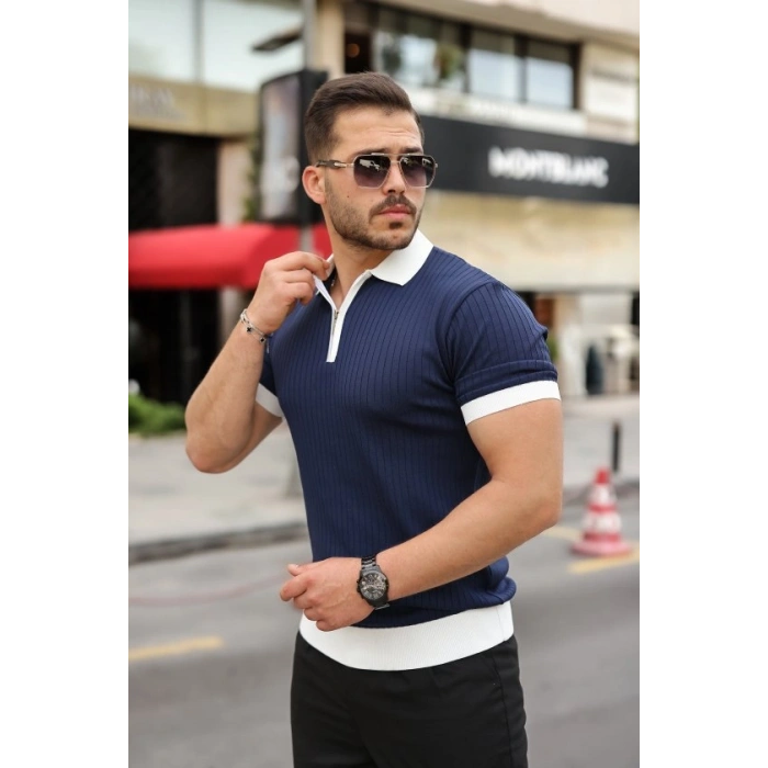 Erkek Yaka Ve Kol Detaylı Fermuar Yakalı Çizgi Desen Kısa Kollu Triko Tişört
