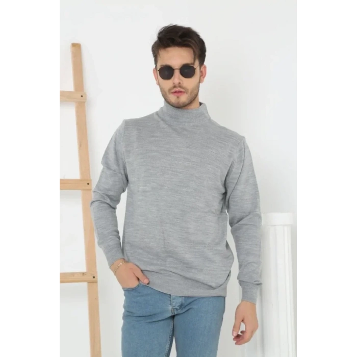 Erkek Yarım Boğaz Triko Kazak Yumuşak Dokulu Pamuklu Ince Dokuma, Uzun Kollu Rahat Regular Kalıp - Gri