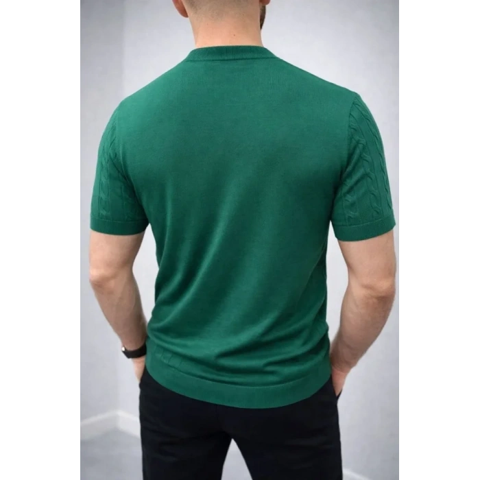 Erkek Yazlık Triko Dokuma Tişört Kısa Kol Bisiklet Yaka Örgü Desenli T-Shirt - Haki