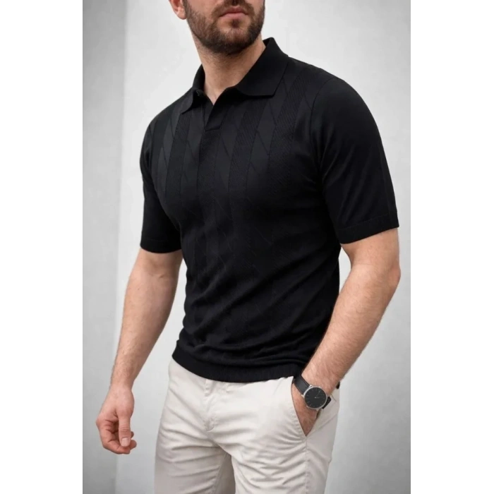 Erkek Yazlık Triko Dokuma Tişört Kısa Kol Polo Yaka T-Shirt - Siyah