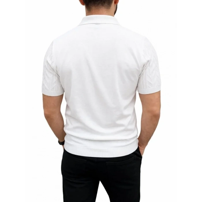 Erkek Yazlık Triko Tişört Kısa Kol Polo Yaka Düğmeli T-Shirt - Beyaz