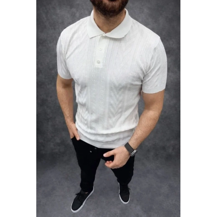 Erkek Yazlık Triko Tişört Kısa Kol Polo Yaka Düğmeli T-Shirt - Beyaz