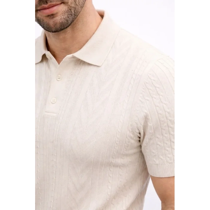 Erkek Yazlık Triko Tişört Kısa Kol Polo Yaka Düğmeli T-Shirt - Krem