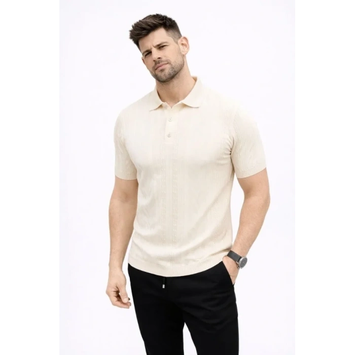 Erkek Yazlık Triko Tişört Kısa Kol Polo Yaka Düğmeli T-Shirt - Krem