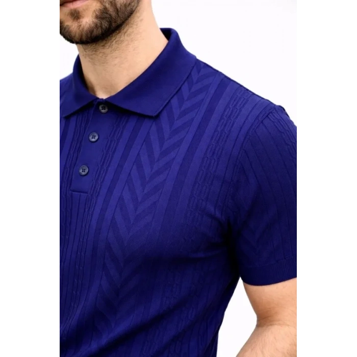 Erkek Yazlık Triko Tişört Kısa Kol Polo Yaka Düğmeli T-Shirt - Lacivert