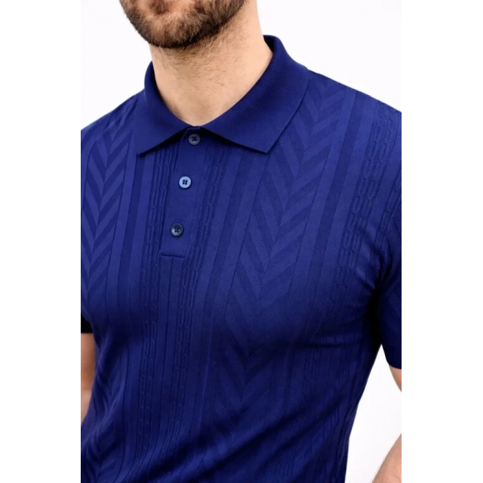 Erkek Yazlık Triko Tişört Kısa Kol Polo Yaka Düğmeli T-Shirt - Lacivert