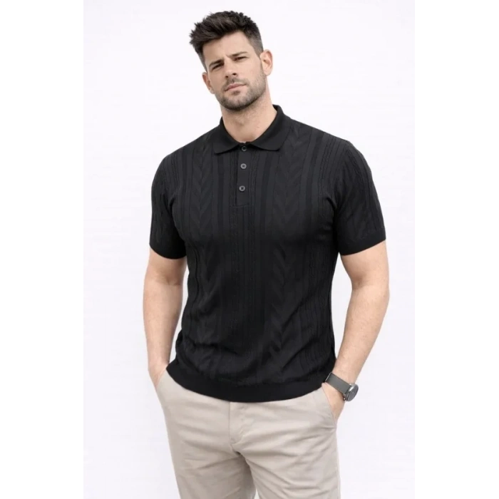 Erkek Yazlık Triko Tişört Kısa Kol Polo Yaka Düğmeli T-Shirt - Siyah