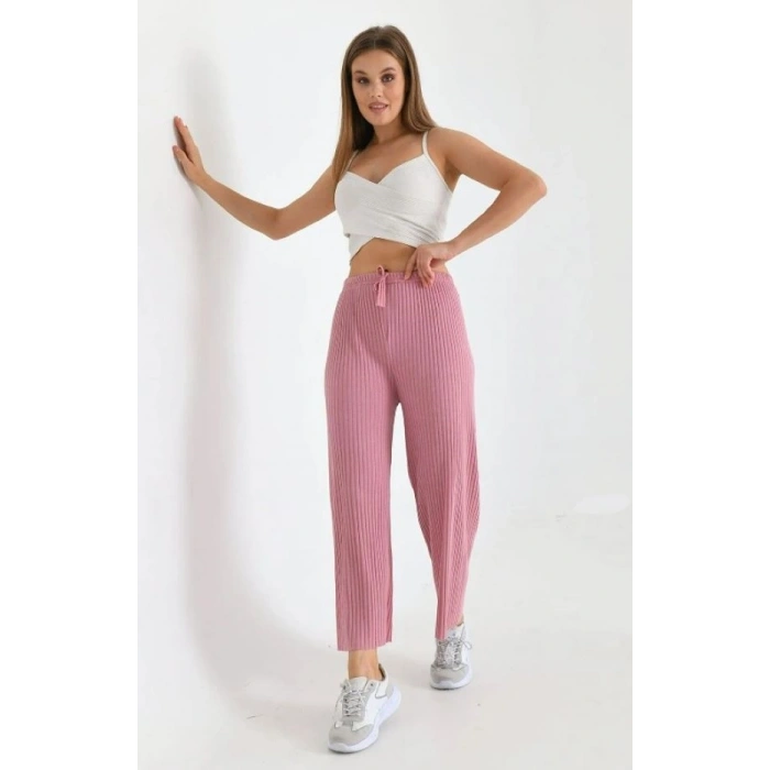 Fitilli Dokulu Beli Lastikli Rahat Ev Pantolonu - Pembe