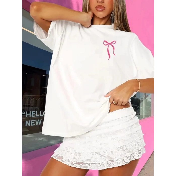 Fiyonk Baskılı Oversize Bisiklet Yaka T-shirt - Beyaz