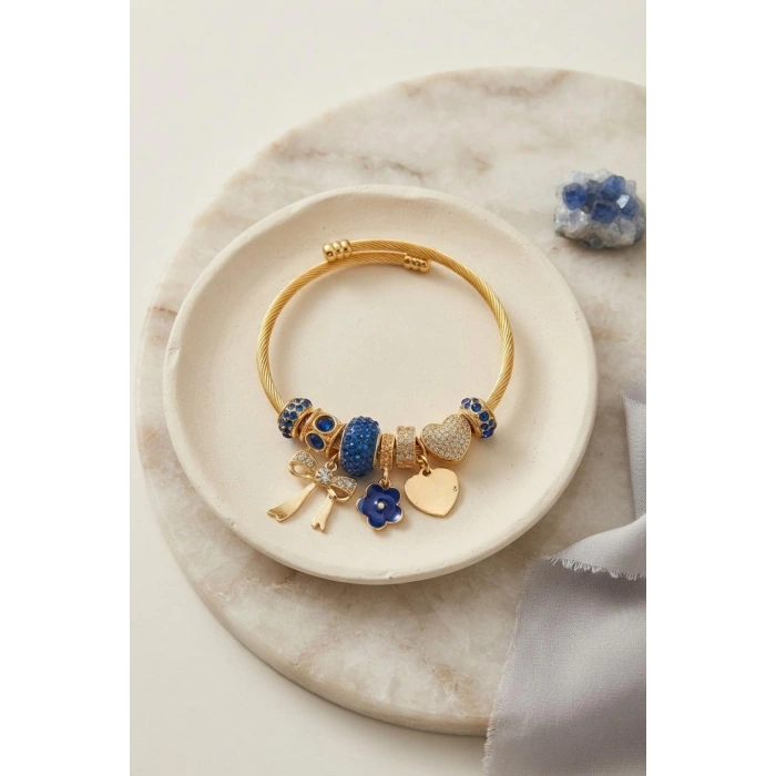 Fiyonk Charmlı Mavi Renk Gold Bileklik - Lisinya