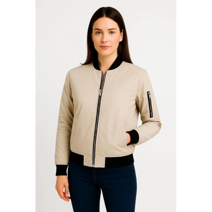 Içi Astarlı Fermuarlı Bomber Mont Ceket - Bej
