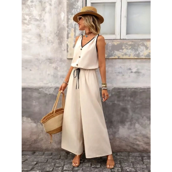 Kadın Askıdan Bağlamalı V Yakalı Belden Süs Bağcıklı Tulum