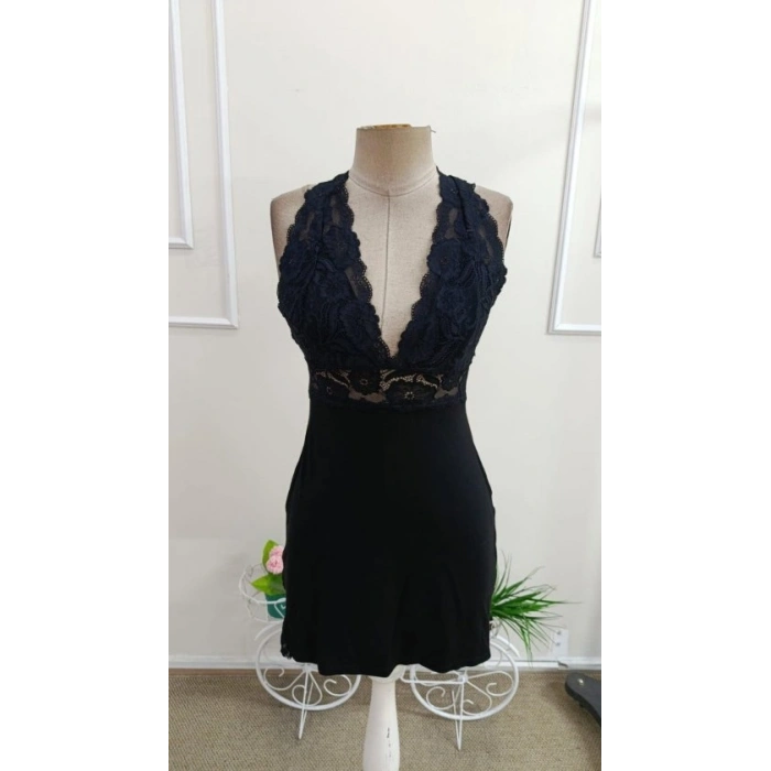 Kadın Askılı Dekolteli Dantelli Viskon Kısa Gecelik