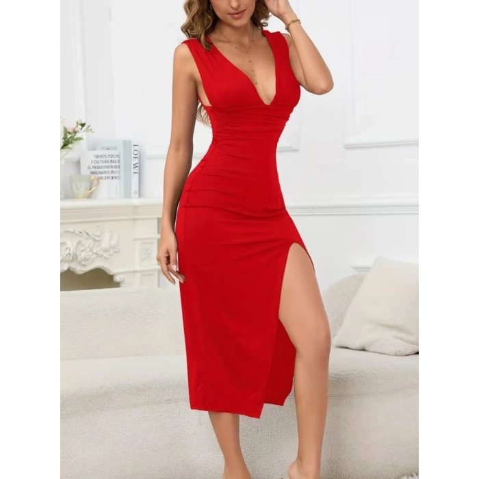 Kadın Askılı Derin Göğüs Dekolteli Yırtmaçlı Uzun Janjan Krep Elbise