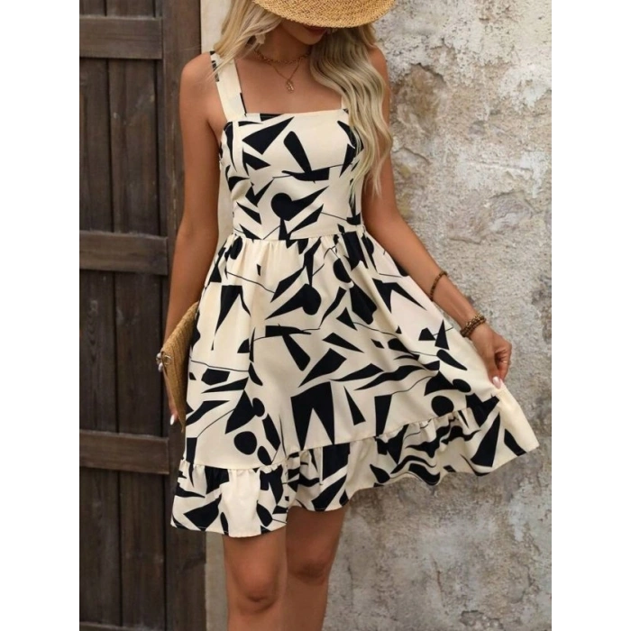 Kadın Askılı Kare Yakalı Desenli Kısa Kiloş Elbise
