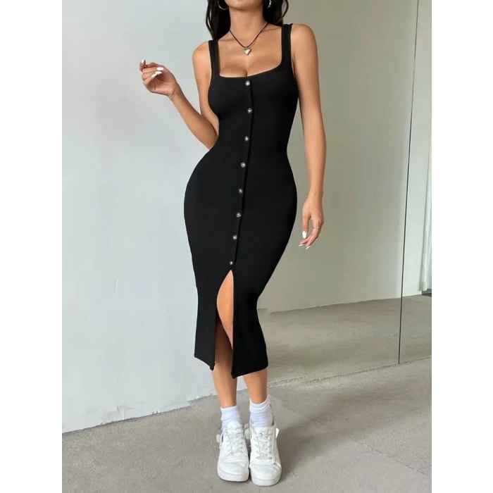 Kadın Askılı Kare Yakalı önden Düğmeli Midi Kaşkorse Elbise