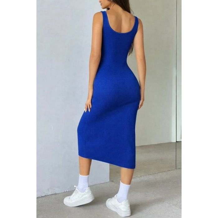 Kadın Askılı Kare Yakalı önden Düğmeli Midi Kaşkorse Elbise