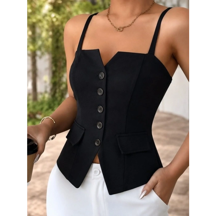 Kadın Askılı önü Düğmeli Atlas Bluz