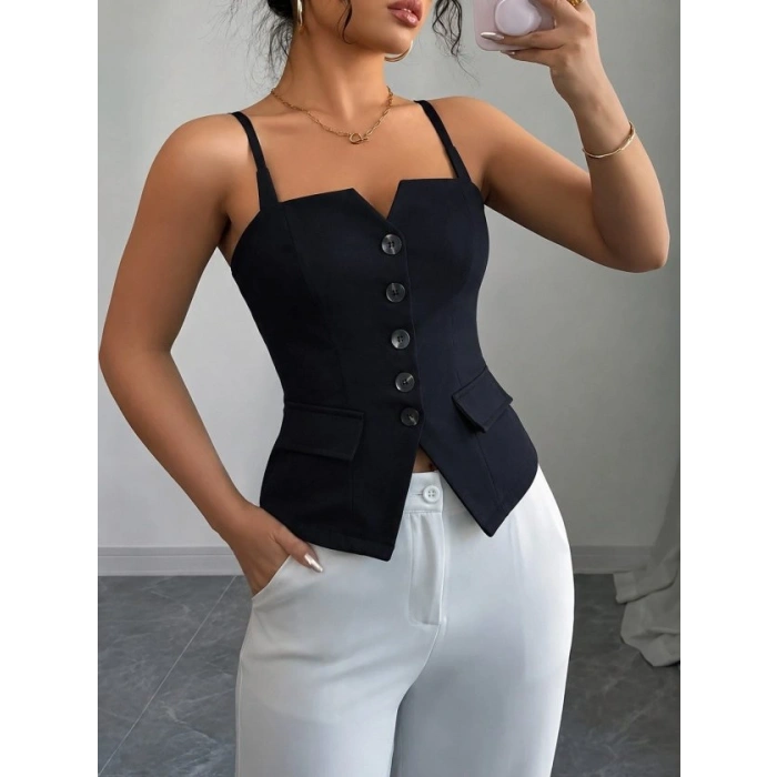 Kadın Askılı önü Düğmeli Atlas Bluz