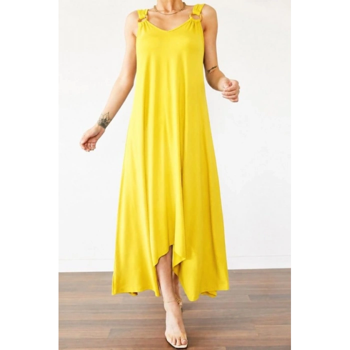 Kadın Askılı V Yakalı Halka Detaylı Asimetrik Kesim Detaylı Viskon Maxi Elbise