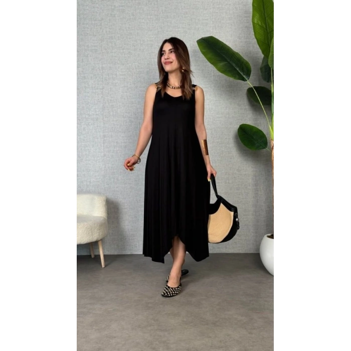 Kadın Askılı V Yakalı Halka Detaylı Asimetrik Kesim Detaylı Viskon Maxi Elbise