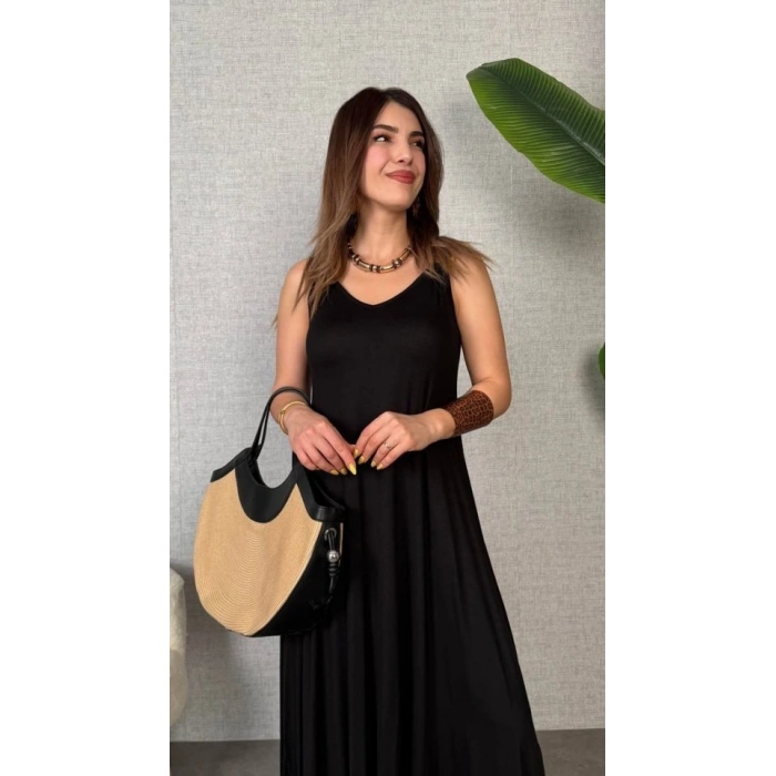 Kadın Askılı V Yakalı Halka Detaylı Asimetrik Kesim Detaylı Viskon Maxi Elbise
