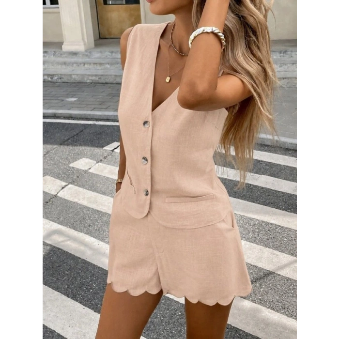 Kadın Askılı V Yakalı önden Düğmelı Bluz Ve Short Ikli Takım