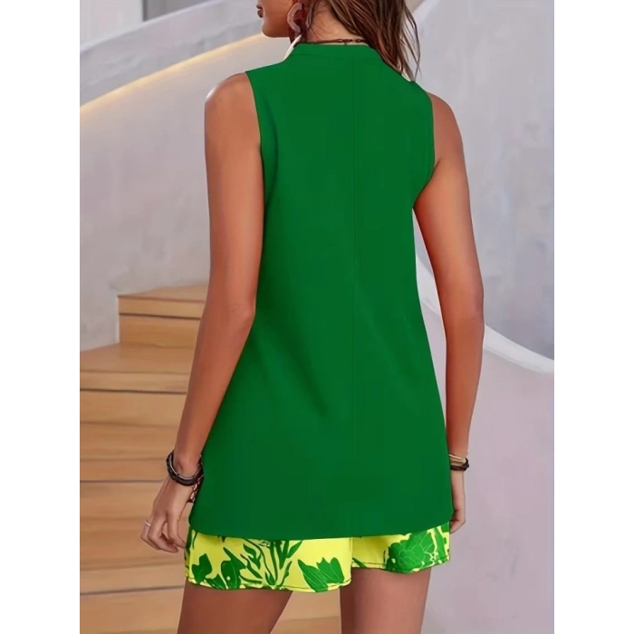 Kadın Askılı V Yakalı Sandy Bluz Ve Desenli Short Ikili Takım